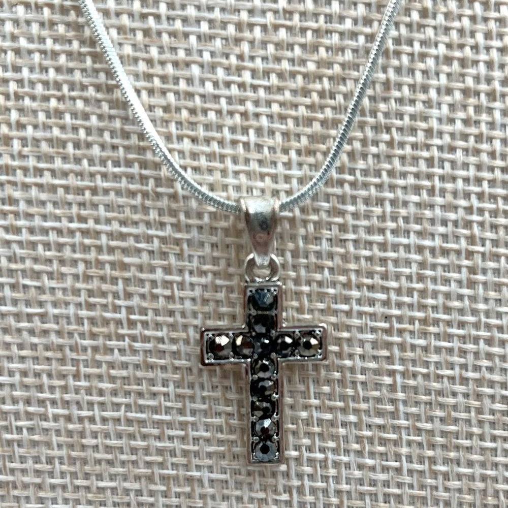 Vintage Silver Tone Marcasite Cross Pendant Necklace Italy Snake Chain Statement